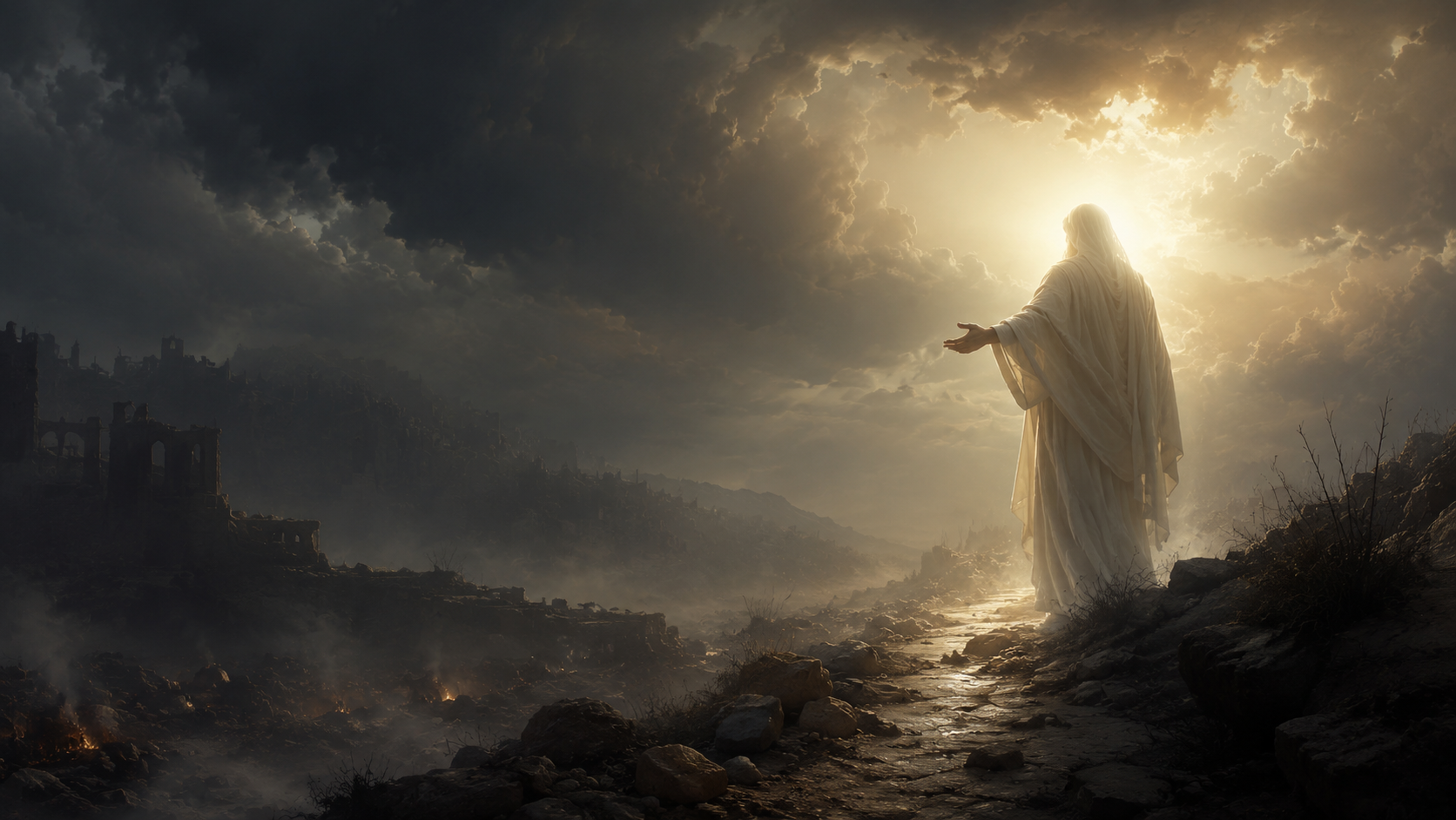 A white-robed figure reaching toward a person across a dark, smoky landscape